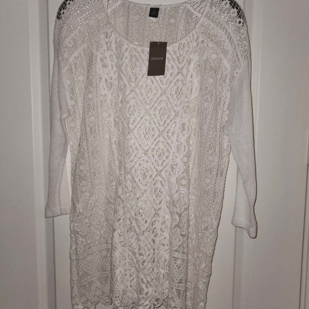 NWT Chicos 1, Black Label, Intricate Lace Tunic, Optic White